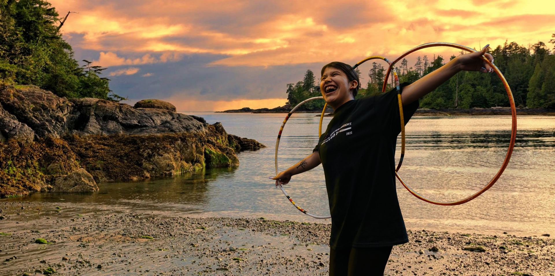 A composit image of a young woman dancing with hoops in front of a sunset and beach scene